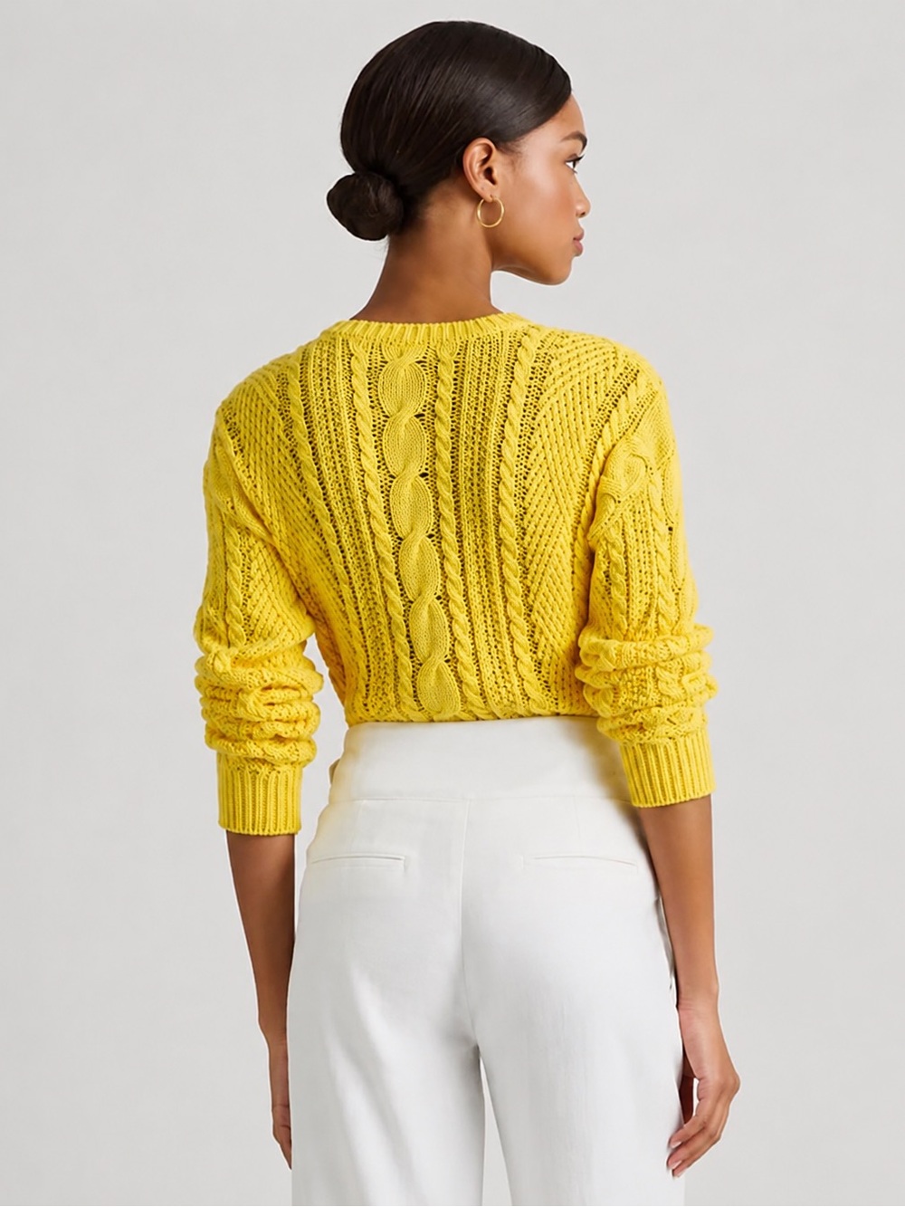 Lauren Ralph Lauren Aran-Knit Cotton Sweater Yellow Cable Knit Women Size S